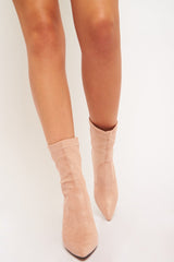 Apricot Faux Suede Diamante Heel Sock Boot - Graylin-Boots