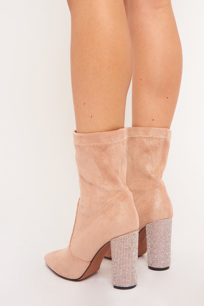 Apricot Faux Suede Diamante Heel Sock Boot - Graylin-Boots