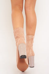 Apricot Faux Suede Diamante Heel Sock Boot - Graylin-Boots