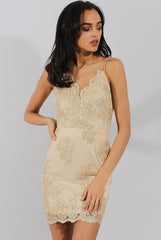 Apricot & Gold Embellished Strappy Dress - Amal-Dresses