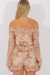 Apricot Mesh Layer Sequin Bardot Playsuit - Leonie-Playsuits