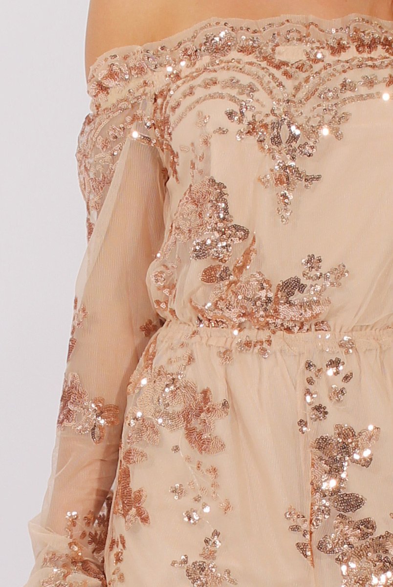 Apricot Mesh Layer Sequin Bardot Playsuit - Leonie-Playsuits