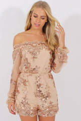 Apricot Mesh Layer Sequin Bardot Playsuit - Leonie-Playsuits