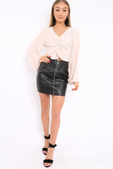 Apricot Plisse Ruched Front Crop Top - Karen-Crop Tops