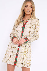 Apricot Rope Print Shirt Dress with Red and Green Trim - Allena-Dresses