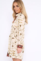 Apricot Rope Print Shirt Dress with Red and Green Trim - Allena-Dresses