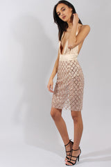 Apricot Sequin Diamond Plunge Halter Tie Dress - Misti-Dresses