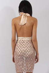 Apricot Sequin Diamond Plunge Halter Tie Dress - Misti-Dresses