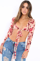 Apricot Sheer and Velvet Floral Print Tie Crop Top - Heidey-Crop Tops