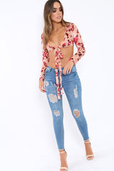 Apricot Sheer and Velvet Floral Print Tie Crop Top - Heidey-Crop Tops
