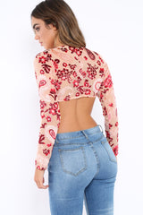 Apricot Sheer and Velvet Floral Print Tie Crop Top - Heidey-Crop Tops