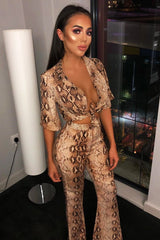 Apricot Snake Print Shirt And Flared Trousers Co-ord - Fryda-Co-ords