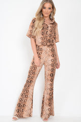 Apricot Snake Print Shirt And Flared Trousers Co-ord - Fryda-Co-ords