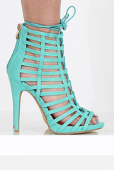 Aqua Caged Lace Up Heels - Jane-Heels
