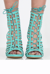 Aqua Caged Lace Up Heels - Jane-Heels