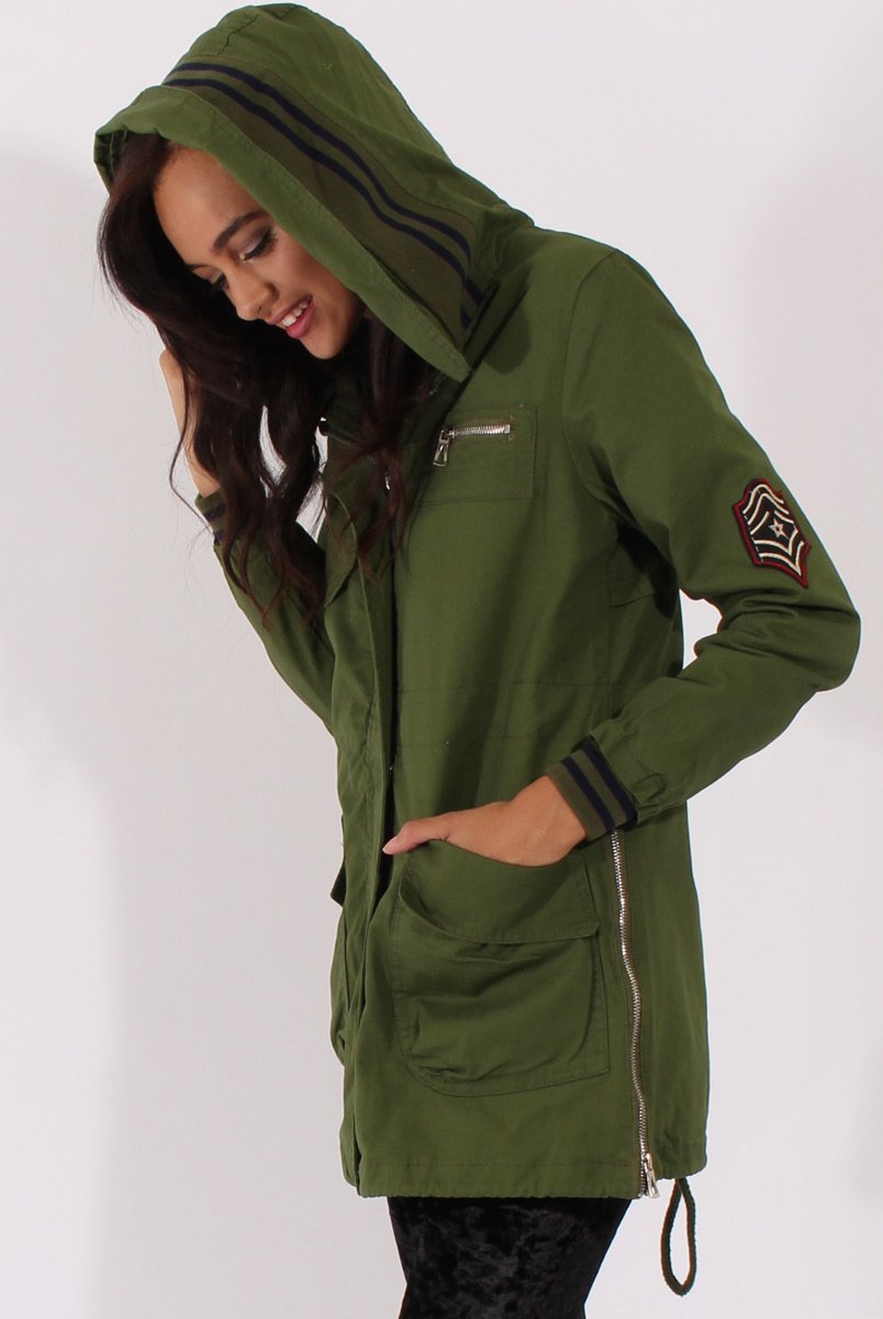 Army Green Badge Detail Parka Jacket - Phoenix-Jackets