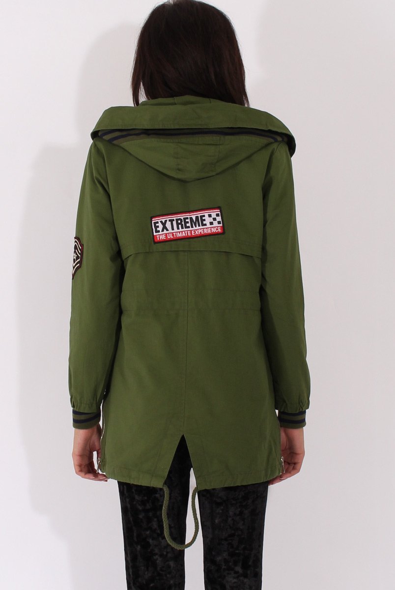 Army Green Badge Detail Parka Jacket - Phoenix-Jackets