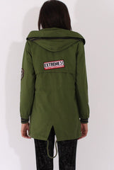 Army Green Badge Detail Parka Jacket - Phoenix-Jackets