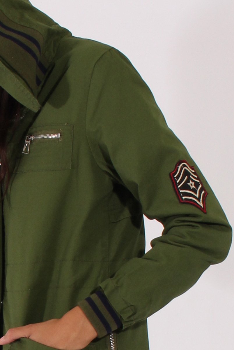 Army Green Badge Detail Parka Jacket - Phoenix-Jackets