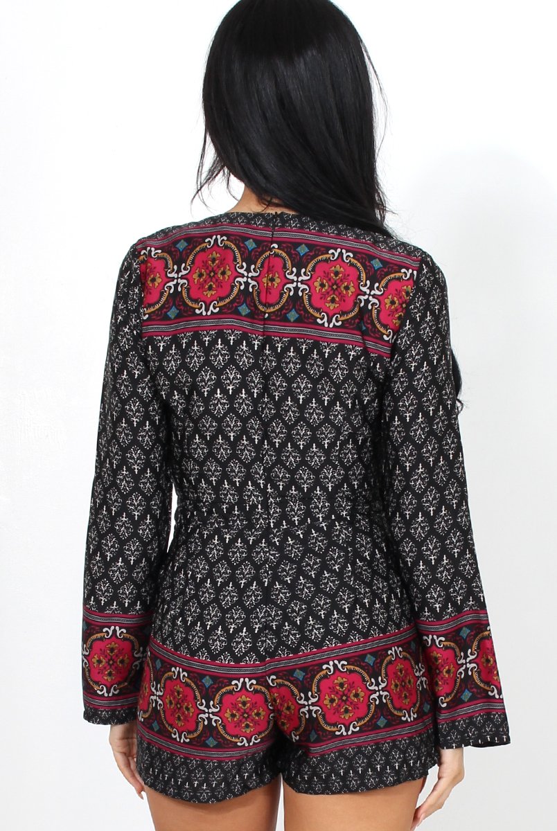 Ash Black Paisley Print Playsuit-Playsuits