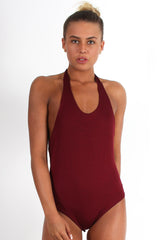Athene Burgundy Halter Neck Bodysuit-Bodysuits