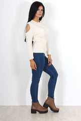 Auden Beige Cold Shoulder Top-Tops