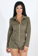 Avah Khaki Suede Zip Front Playsuit-Playsuits