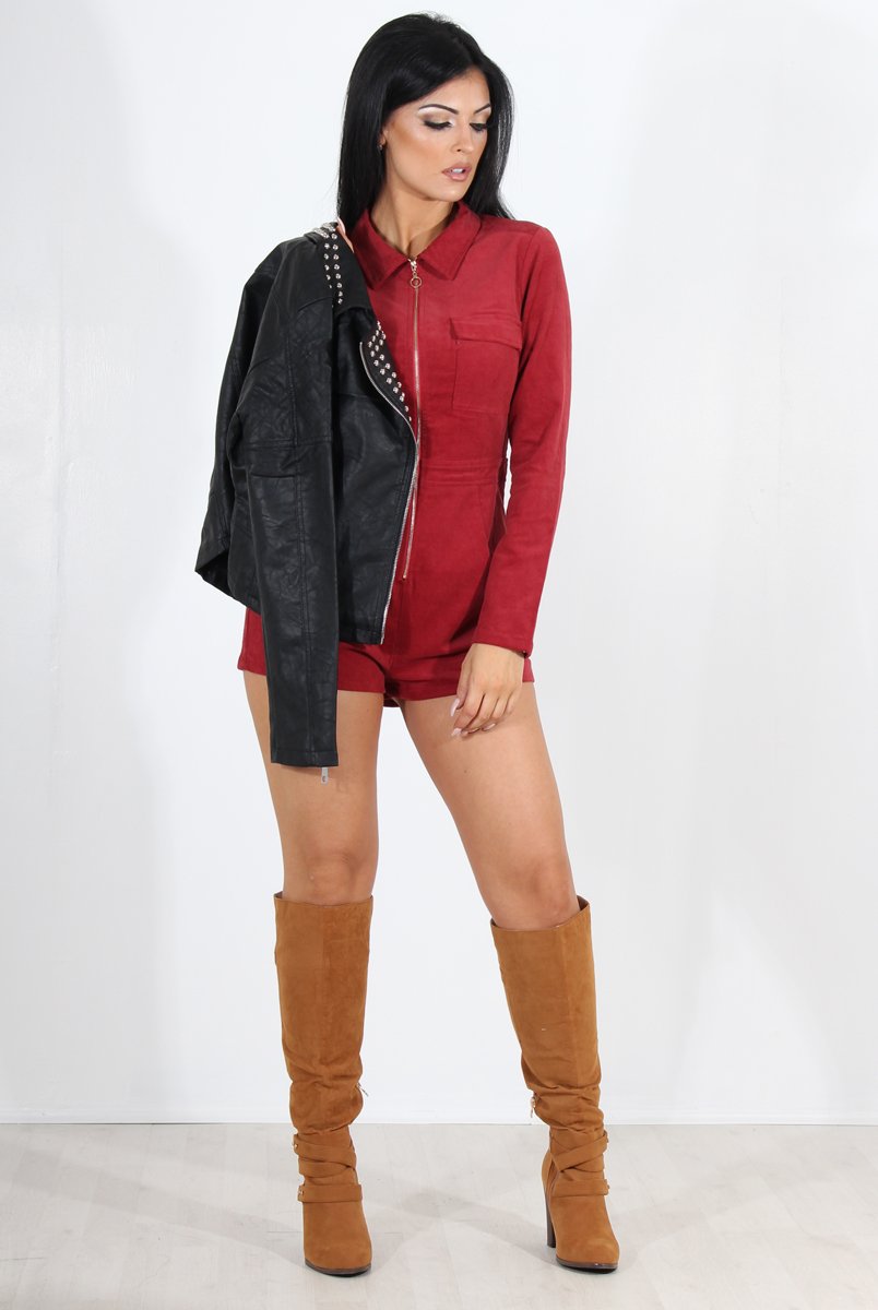 Avah Wine Suede Zip Front Playsuit-Playsuits