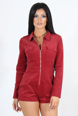 Avah Wine Suede Zip Front Playsuit-Playsuits