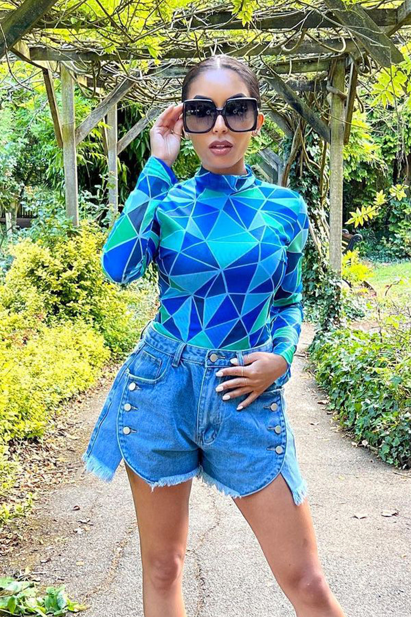 Blue Geometric Pattern Mesh Bodysuit - Bee