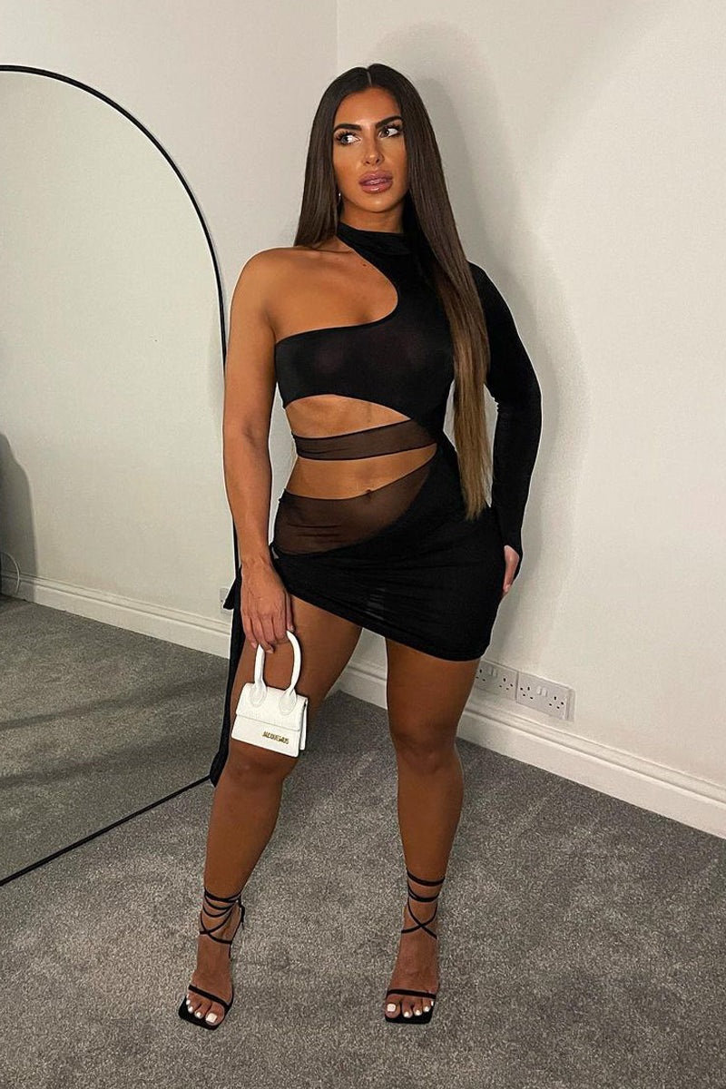 Black Gathered Mesh Panel Cut Out Mini Dress | Mini Dress | Rebellious Fashion Black Gathered Mesh Panel Cut Out Mini Dress | Mini Dress | Rebellious Fashion