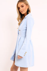 Baby Blue Button Detail Blazer Dress - Kayleigh-Dresses