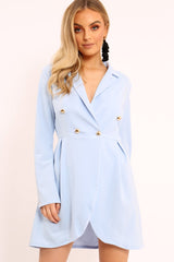 Baby Blue Button Detail Blazer Dress - Kayleigh-Dresses