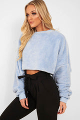 Baby Blue Fluffy Long Sleeve Crop Jumper - Noura-Crop Jumper