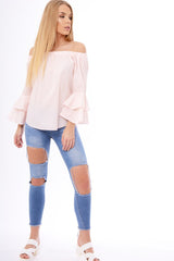 Baby Pink Bardot Frill Sleeve Top - Ruth-Tops
