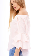 Baby Pink Bardot Frill Sleeve Top - Ruth-Tops