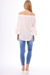 Baby Pink Bardot Frill Sleeve Top - Ruth-Tops
