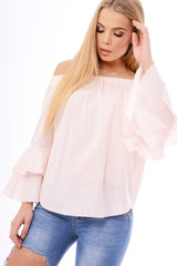 Baby Pink Bardot Frill Sleeve Top - Ruth-Tops