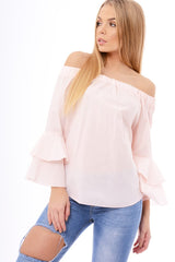 Baby Pink Bardot Frill Sleeve Top - Ruth-Tops