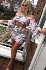 Baby Pink Camo Extreme Flared Sleeved Crop Top - Dalis-Crop Tops