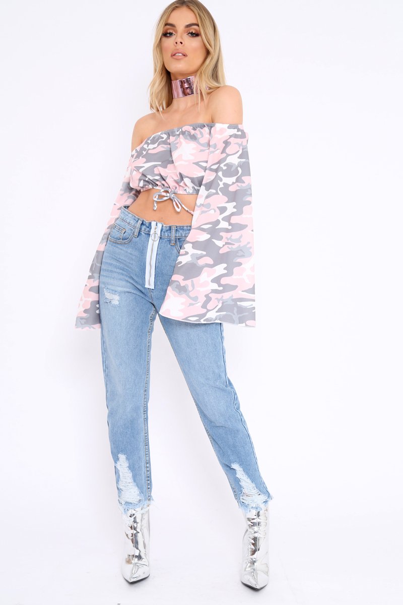 Baby Pink Camo Extreme Flared Sleeved Crop Top - Dalis-Crop Tops