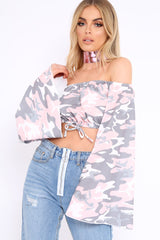 Baby Pink Camo Extreme Flared Sleeved Crop Top - Dalis-Crop Tops