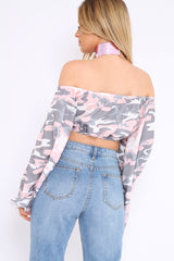 Baby Pink Camo Extreme Flared Sleeved Crop Top - Dalis-Crop Tops