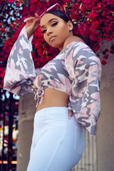 Baby Pink Camo Extreme Flared Sleeved Crop Top - Dalis-Crop Tops