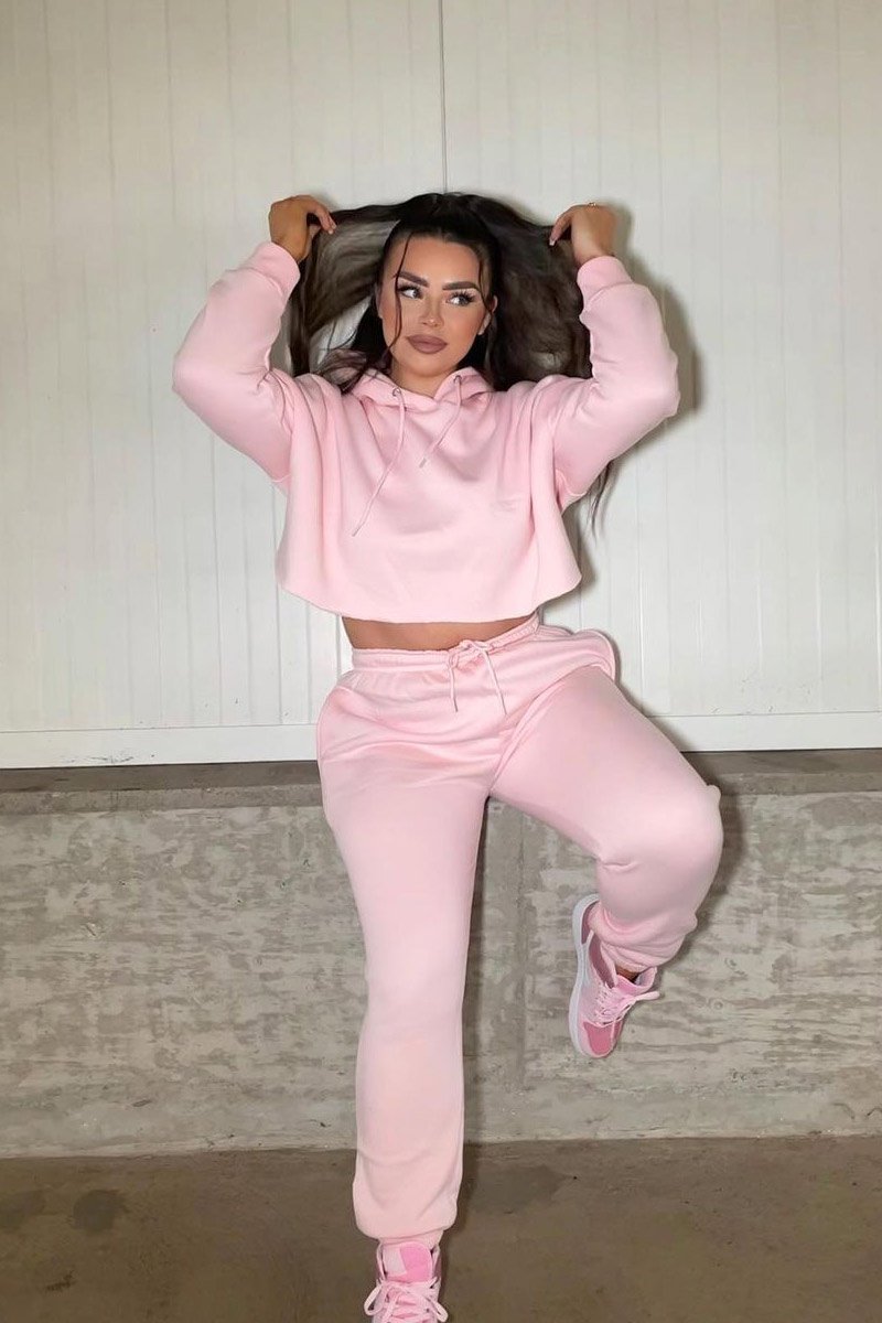 Baby Pink Cropped Oversized Hoodie and Joggers Co-ord - Karenza-Loungewear