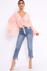 Baby Pink Extreme Bell Flared Sleeved Crop Top - Natia-Tops