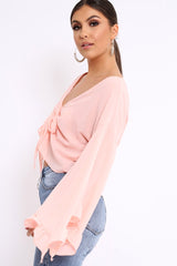 Baby Pink Extreme Bell Flared Sleeved Crop Top - Natia-Tops