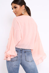 Baby Pink Extreme Bell Flared Sleeved Crop Top - Natia-Tops