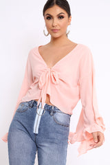 Baby Pink Extreme Bell Flared Sleeved Crop Top - Natia-Tops