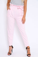 Baby Pink Paper Bag Tie Waist Cigarette Trousers - Karmen-Trousers